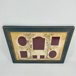 Vintage Folk Art Family Tree Collage Picture Frame Blue Wood Birdhouse 7 Slots